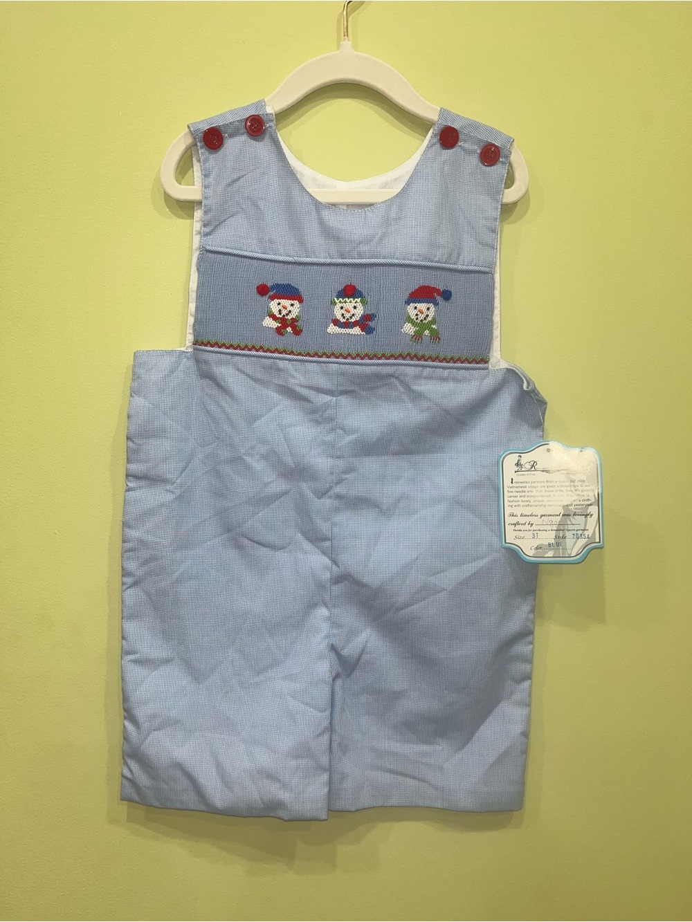 Remember Nguyen Boys 3T Blue Gingham Smocked Snowman Overall One-Piece NWT